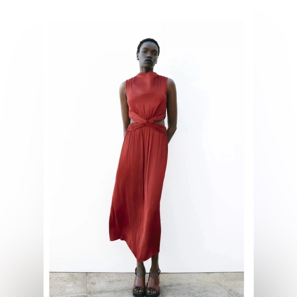 Zara Satin Cut Out Knot Midi Dress Terracotta Red XS NWT